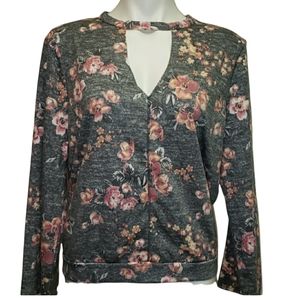 Floral Cut-out V-neck Light Sweatshirt Women's Size Large NWOT Grey